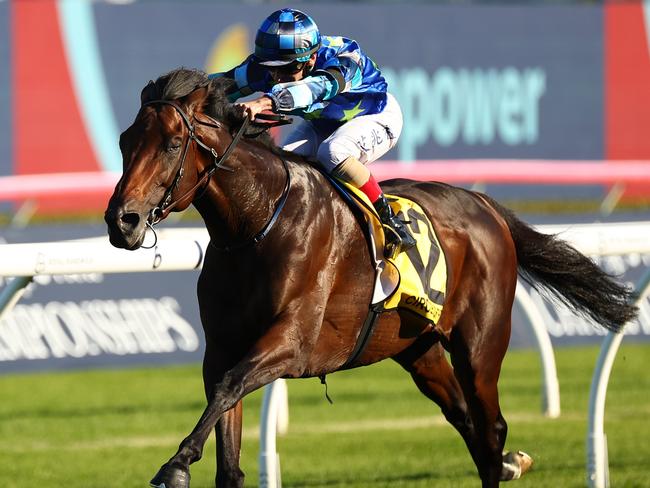 SYDNEY, AUSTRALIA - APRIL 13: Andrea Atzeni riding  Circle Of Fire wins Race 7 Schweppes Sydney Cup during Sydney Racing: The Championships at Royal Randwick Racecourse on April 13, 2024 in Sydney, Australia. (Photo by Jeremy Ng/Getty Images)