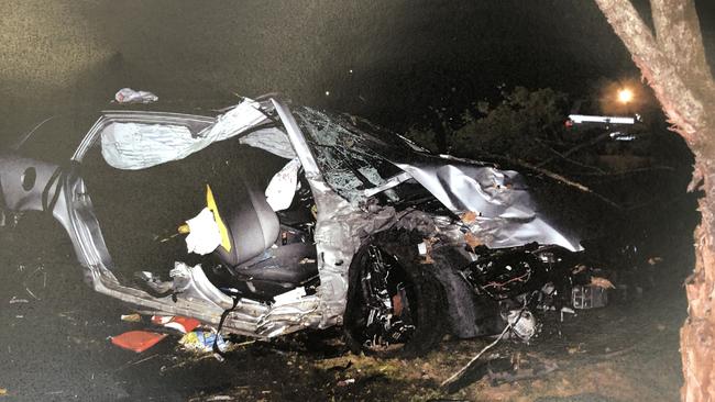 Crash scene pictures tendered in court of Marlee Rose Kelley's Holden Commodore after ploughing into a tree at Wyongah. Picture: supplied.