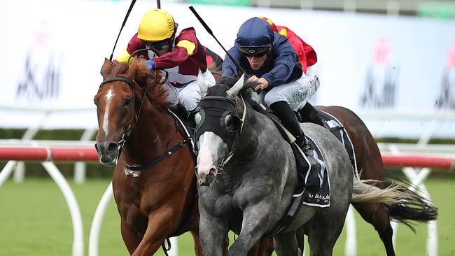 Public Attention (right) surges away from Linebacker in the Group 3 Eskimo Prince Stakes at Randwick. Picture: Jeremy Ng/Getty Images