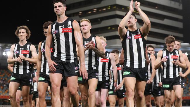 AFL. 1st Semi Final . 10/10/2020.  Geelong vs Collingwood at the Gabba, Brisbane.   Scott Pendlebury leads the Pies off the Gabba    . Pic: Michael Klein