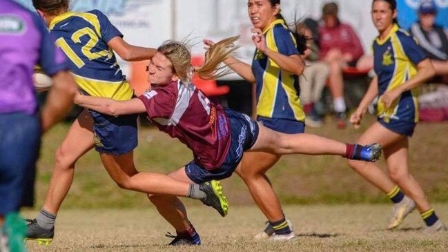 Samantha Codrington makes a tackle for the Casino Bulls against Casuarina Beach in the Coopers Far North Coast Women’s 10s competition. Picture: Mark Kriedemann Moollatoo Photography