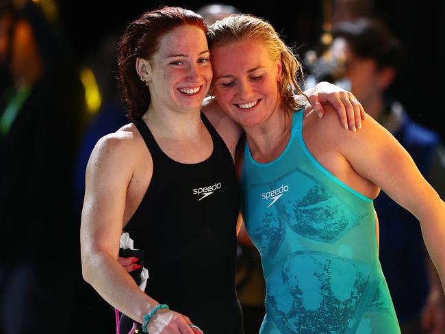 Ariarne Titmus (R) and Mollie O'Callaghan (L) post-race. Picture: Chris Hyde/Getty Images