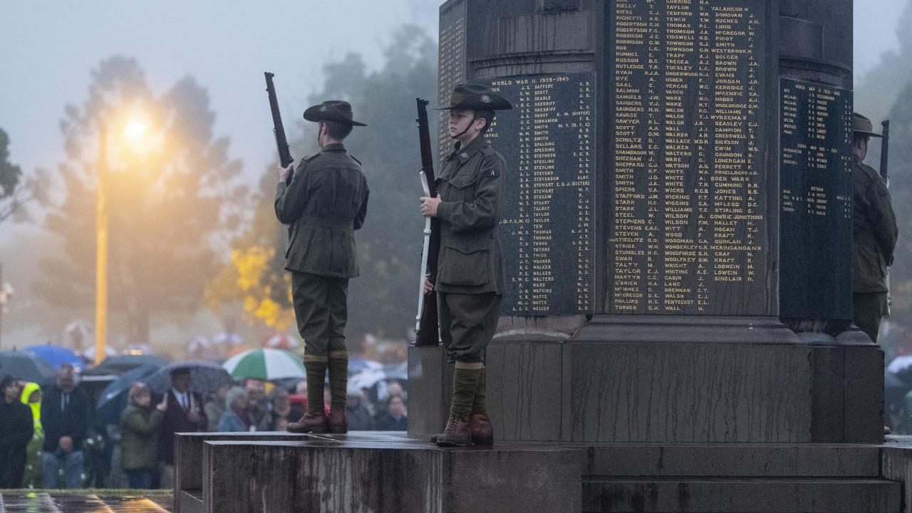 The vigil is held by students of the Toowoomba Grammar School Honour Guard at the Mothers' Memorial for the Anzac Day Toowoomba Dawn Service, Tuesday, April 25, 2023. Picture: Kevin Farmer