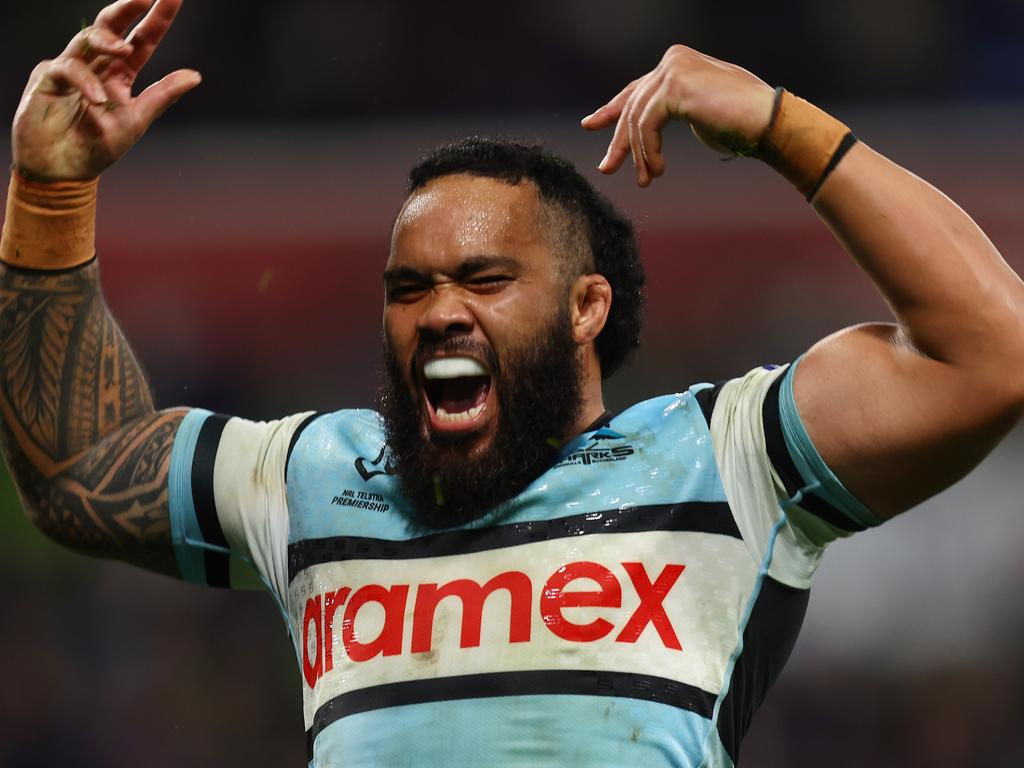 MELBOURNE, AUSTRALIA - MAY 11: Siosifa Talakai of the Sharks celebrates scoring a try during the round 10 NRL match between Melbourne Storm and Cronulla Sharks at AAMI Park on May 11, 2024 in Melbourne, Australia. (Photo by Graham Denholm/Getty Images)