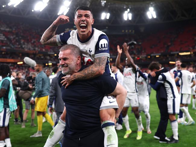 Pedro Porro of Tottenham Hotspur celebrates with Ange Postecoglou, Manager of Tottenham Hotspur, after their team's victory in the UEFA Europa League Final 2025 between Tottenham Hotspur and Manchester United. Picture: UEFA via Getty Images