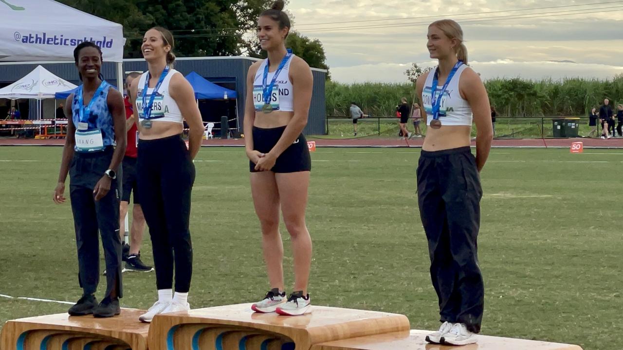 Invitational athlete Naa Anang who ran a 11.31 time, Bree Masters, for Australia, who ran a 11.34 time, winner Zoe Hobbs, who claimed a new Oceania record with a time of 11.09O and in third place Ella Connolly, for Australia, who came in at 11.53, in the 100m senior women's final at the 2022 Oceania Athletics Championships held in Mackay.