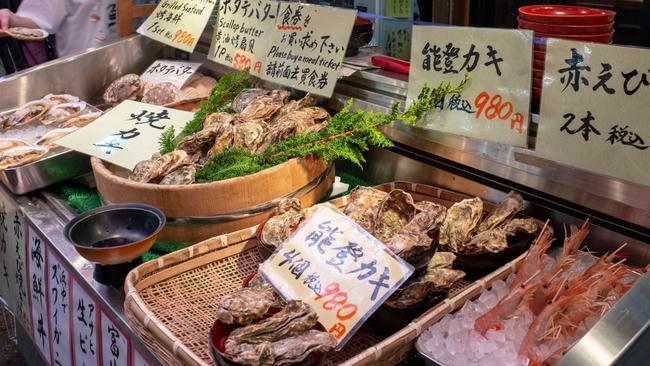 Fresh seafood for sale at the Omicho Market in Kanazawa.