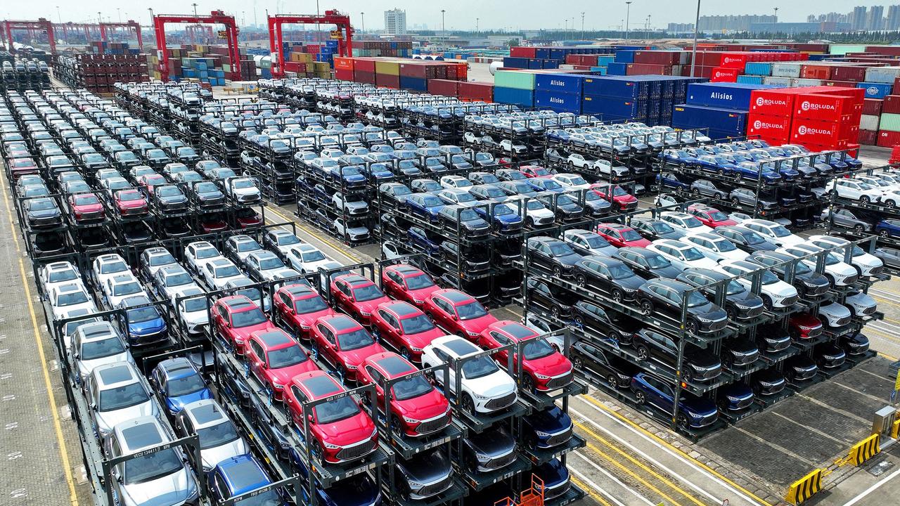 BYD electric cars waiting to be loaded on a ship at a container terminal in Jiangsu Province. Picture: AFP