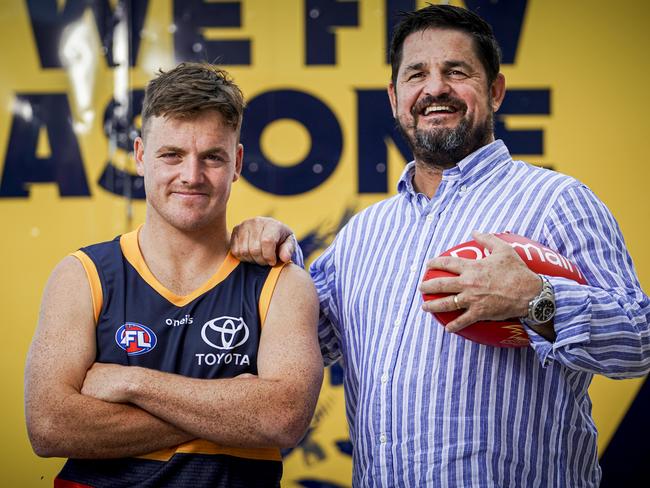 Crows draftee James Rowe, also with his very proud dad former Crows champion Stephen Rowe at the Crows West Lakes HQ Friday December 11, 2020 - pic Mike Burton