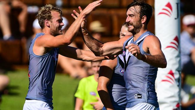 Jack Watts and Charlie Dixon celebrate a goal for the Power. Picture: AFL Media