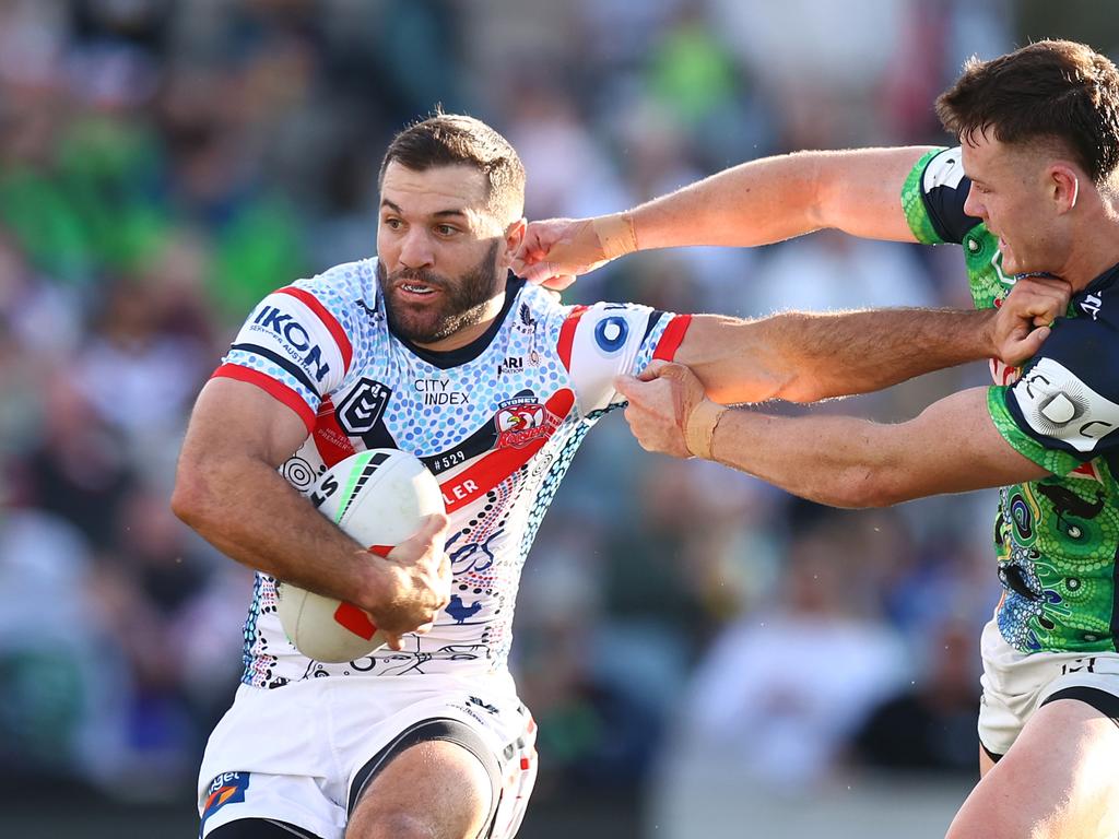 In his last game before the NSW Blues team is announced, James Tedesco played a starring role in the Raiders demolition, with two tries and three try assists. Picture: Getty Images