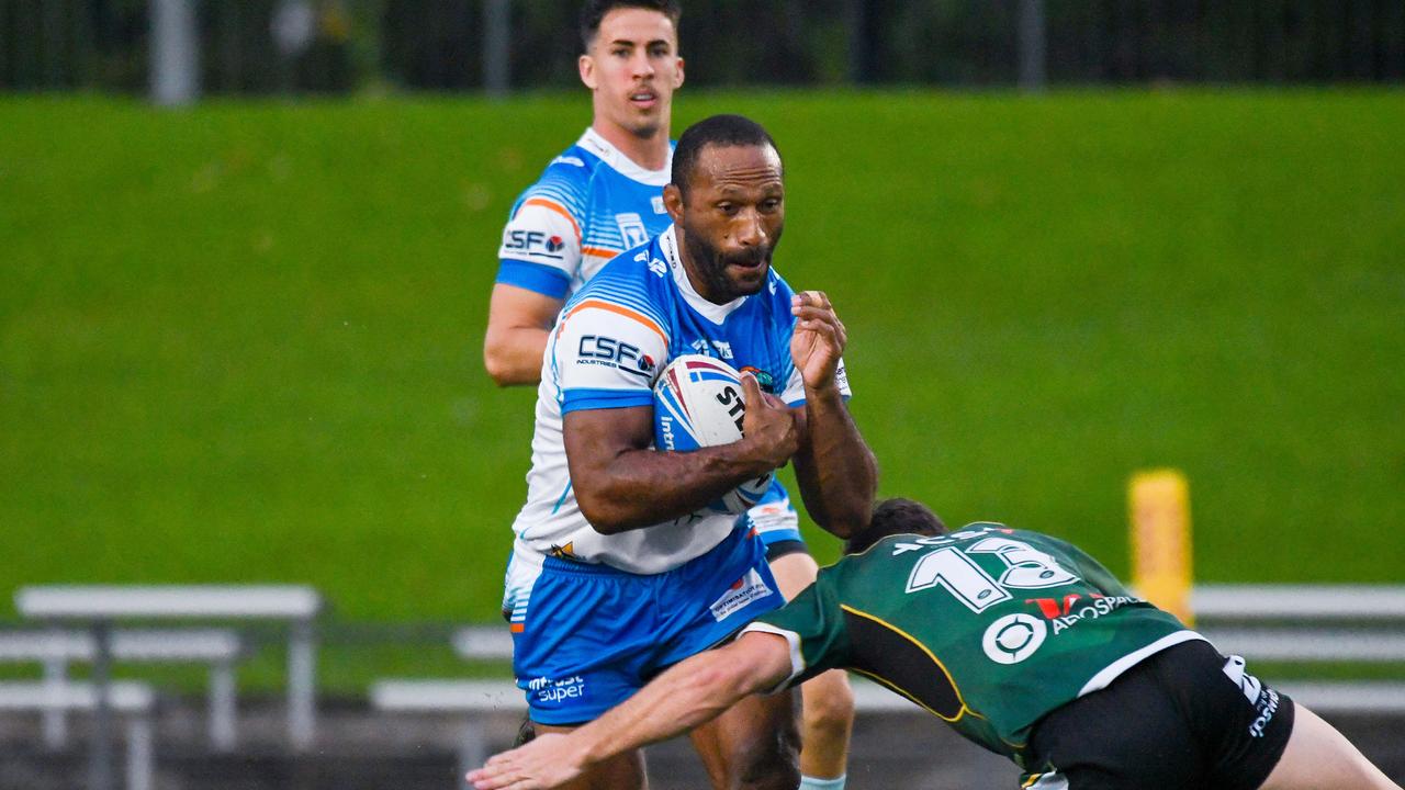 Pride's Rod Griffin takes a hit up in the Intrust Super Cup (ISC) Queensland Rugby League (QRL) match between the Northern Pride and the Ipswich Jets, held at Barlow Park in Cairns. Picture: Brett Pascoe