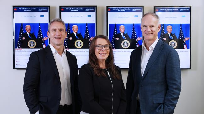 The Australian's editor Kelvin Healey, editor-in-chief Michelle Gunn and News Corp executive chairman Michael Miller at NewsCorp in Sydney. Picture: John Feder