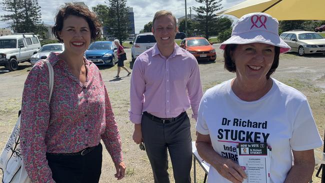 Labor Currumbin candidate Kaylee Campradt, Deputy Premier Steven Miles and former Currumbin LNP MP Jann Stuckey. Photo: Steven Miles / Twitter