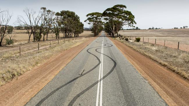 Burnouts line the road on Quairading-York Road.PERTH NOW / SUNDAY TIMES GENERIC burnout , tyre marks.