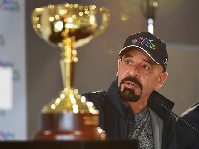 Trainer Marwan Koukash speaks to the media at Werribee Racecourse, Melbourne, Sunday, November 4, 2018. (AAP Image/James Ross) NO ARCHIVING