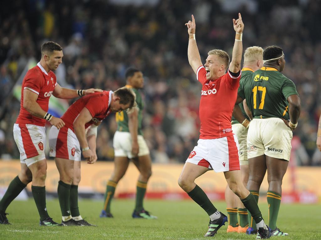 BLOEMFONTEIN, SOUTH AFRICA - JULY 09: Tommy Reffell of Wales celebrating their victory during the 2nd Castle Lager Incoming Series test match between South Africa and Wales at Toyota Stadium on July 09, 2022 in Bloemfontein, South Africa. (Photo by Charle Lombard/Gallo Images/Getty Images)