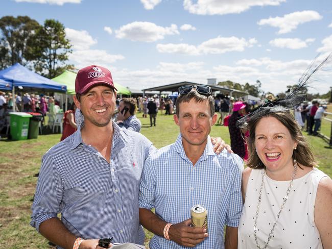 Siblings (from left) Tim, Doug and Jane McClymont celebrate Doug's 40th birthday with a surprise party for him at the Clifton Races, Saturday, October 28, 2023. Picture: Kevin Farmer