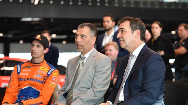 Nick Percat, The Bend managing Director Sam Shahin and South Australian Premier Steven Marshall at the launch of the OTR Supersprint. Picture: David Mariuz/AAP