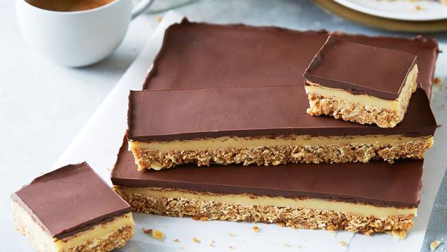 Choc caramel Anzac biscuit slice