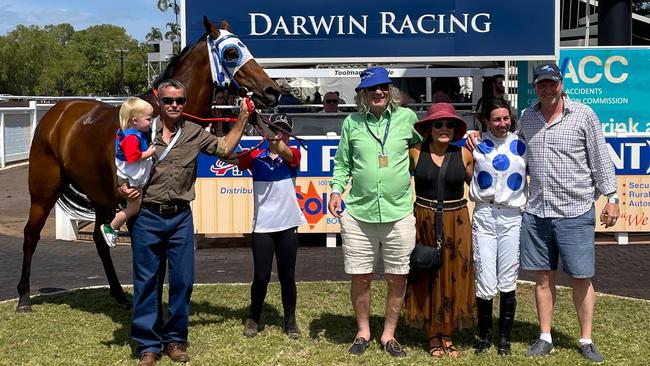 The Gary Clarke trained Rising Sphere took out the 2024 Simone Montgomerie Lightning Plate with jockey Carleen Hefel winning her maiden ride in the Darwin Cup. Picture: Darcy Jennings.