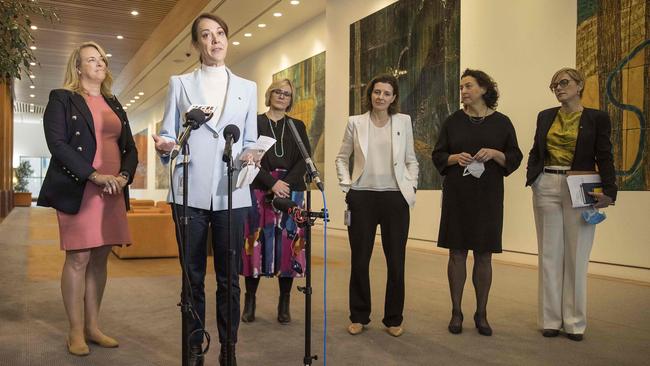 Teal independents spoke to media in Parliament House in Canberra. Left to right: Sophie Scamps, Kylea Tink, Zali Steggall, Zoe Daniel, Allegra Spender and Monique Ryan. Picture: NCA NewsWire / Gary Ramage