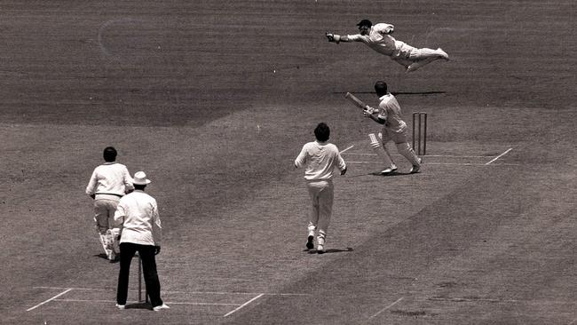 John Edrich falls to a spectacular catch by Rodney Marsh in the first ODI in 1971