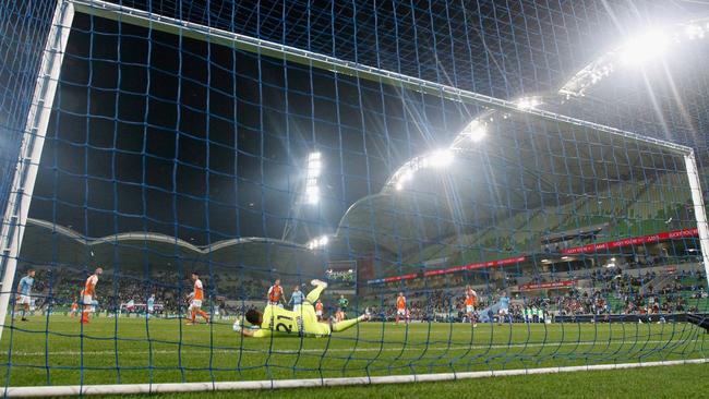 Jamie Young of the Roar makes a save during the A-League Elimination Final match between the Melbourne City and the Brisbane Roar at AAMI Park.