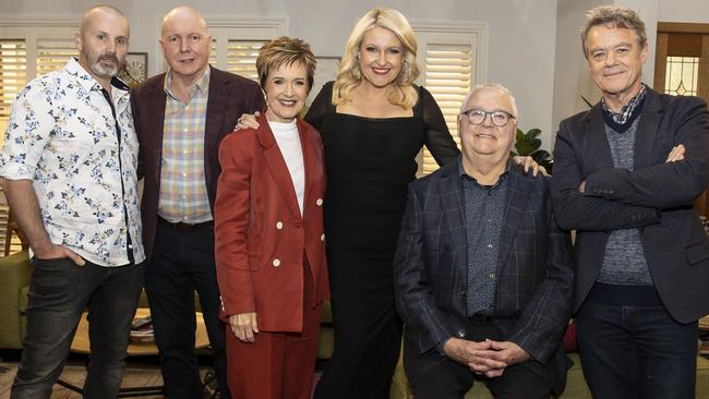 Ryan Moloney, Alan Fletcher, Jackie Woodburne, Angela Bishop, Ian Smith and Stefan Dennis at the Neighbours finale event this week. Picture: Getty Images.