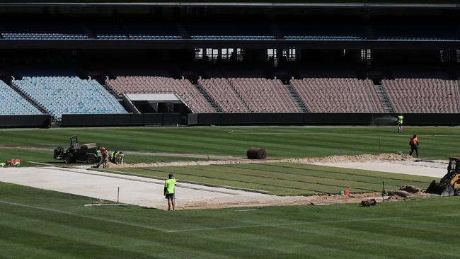 The grounds of the MCG being prepared for the cricket season. Picture: Alex Coppel