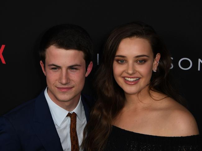 Australian actress Katherine Langford, with 13 Reasons Why costar Dylan Minnette  is up for her first Golden Globe award. Picture: AFP/Mark Ralston
