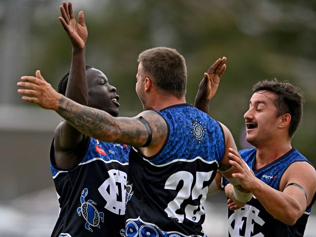 Omar Mustafa celebrates a goal with Epping teammates. Picture: Andy Brownbill