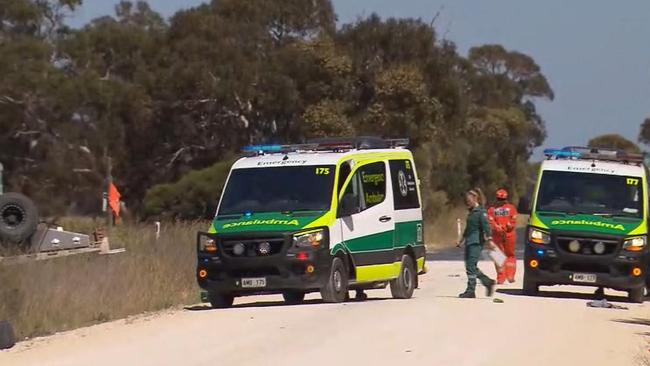 Paramedics at the intersection of the Riddoch Highway and McGrice Road, where the crash occurred. Picture: 7NEWS