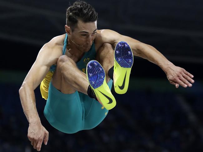 Australia's Fabrice Lapierre competes in a qualifying round of the men's long jump during the athletics competitions of the Summer Olympics in Rio de Janeiro, Brazil, Friday, Aug. 12, 2016. (AP Photo/Matt Slocum)