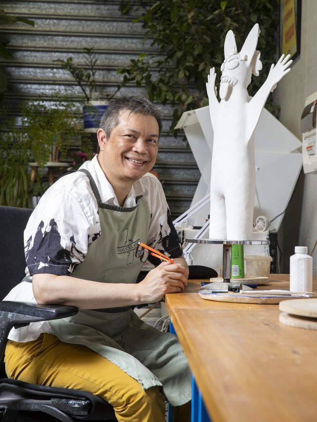 Srivilasa said: “To create this self-portrait, I used my phone in selfie mode instead of a mirror, but I found far more joy in observing my cats than in looking at my reflection.” Generally working in ceramics, Srivilasa chose to do the piece on handmade porcelain tile. Photo: Aaron Francis/The Australian