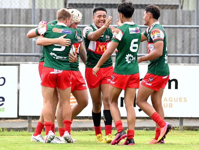 Wynnum Manly players celebrateThe Cyril Connell Cup. Tweed Heads Vs Wynnum ManlySaturday February 10, 2024. Picture, John Gass