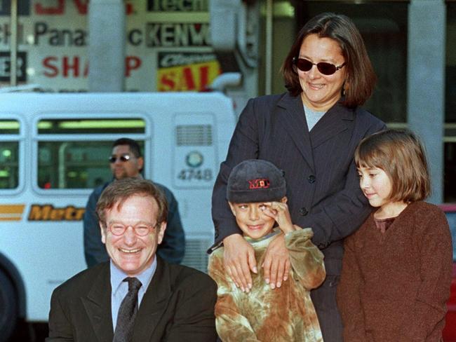 Doting dad ... Robin Williams (L) with family members Cody (C), Zelda (R) and former wife Marsha (back R) in 1998 at the hand and footprint ceremony outside the world famous Mann's Chinese Theatre in Hollywood, California.