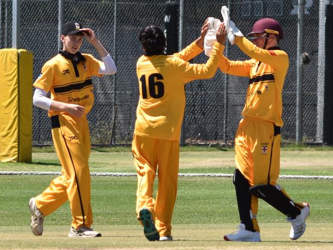 Nirav Sharma (16) celebrates after bowling Hugh Taylor. Picture: Sean Teuma