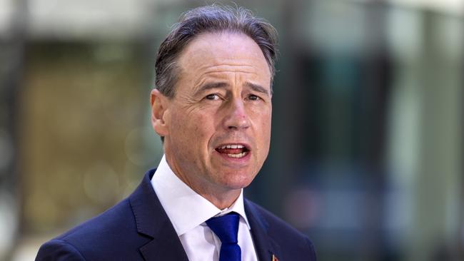 Health Minister Greg Hunt speaking at a press conference in Frankston, Victoria, on Sunday morning. Picture: David Geraghty