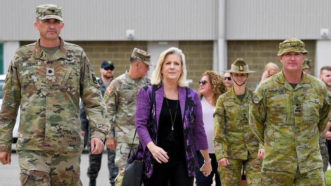 US Secretary of the Army Christine Wormuth walks with senior US and Australian military officials. Australia could be a testing ground for US hypersonic and other long-range precision weapons under the AUKUS pact, Wormuth said on Wednesday. Picture: US Army/AFP