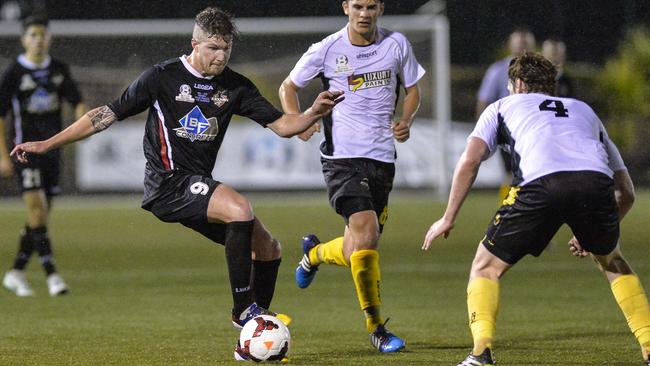 Joey Gibbs on the run for Blacktown the PS4 NPL Semi Final between Blacktown City FC and Moreton Bay United FC at Lilys Football Stadium, Seven Hills, NSW on September 26th, 2015. (Photos by Nigel Owen). Blacktown won 2-1.