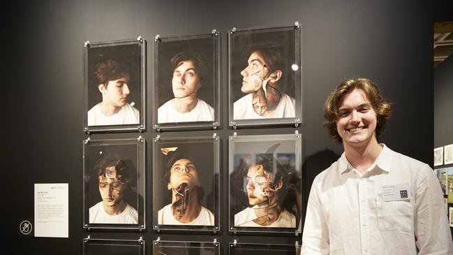 Kai Myrmell, Barker College, with his work 'Addictive personality'. Picture: Mim Stirling