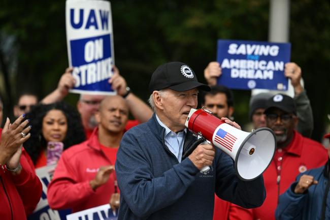 US President Joe Biden addressed striking auto workers through a bullhorn