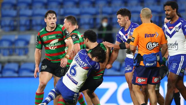 Lachlan Lewis takes Cody Walker down. Picture: Chris Hyde/Getty Images