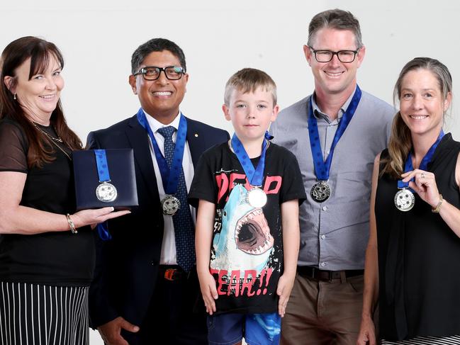 L to R,  Marie King (on behalf of winner Sam King), Professor Ajay Rane, Julian Hohnen 7yrs, Doctor Jeff Hooper, Nadine Biddle, Pride of Australia event, awarding 5 medallists, Bowen Hills, Brisbane, Friday 6th December 2019 - Photo Steve Pohlner