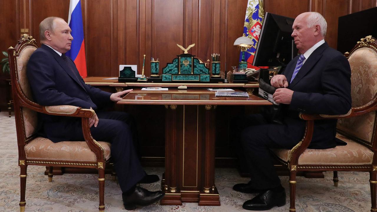 Vladimir Putin spluttered through a meeting with Rostec defence firm chief Sergei Chemezov at the Kremlin in Moscow on May 18, 2022. Picture: Mikhail Klimentyev/Sputnik/AFP