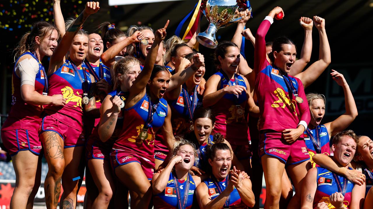 The Lions celebrate the 2023 AFLW Grand Final win. (Photo by Dylan Burns/AFL Photos via Getty Images)