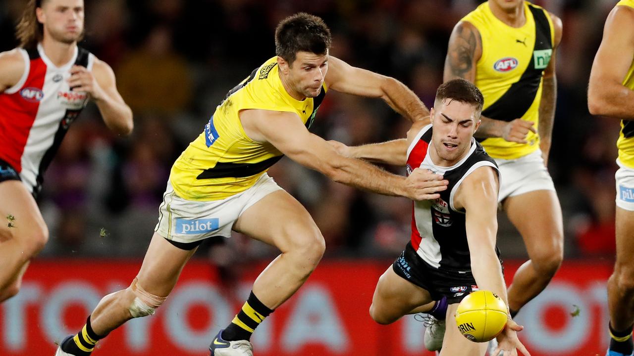 Jade Gresham dukes it out with Trent Cotchin during the Saints’ victory at Marvel Stadium on Sunday. Picture: Getty Images