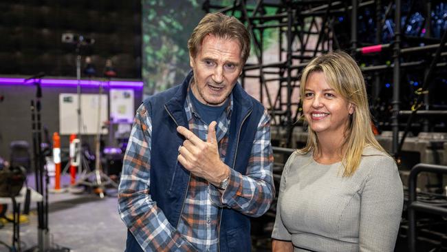 Set visit for Ice Road 2: Road to the Sky. Liam Neeson speaks with VicScreen CEO Caroline Pitcher. Picture: Jake Nowakowski