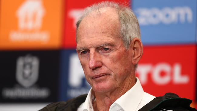 South Sydney coach Wayne Bennett has set the scene for Saturday’s qualifying final against Penrith by accusing the Panthers of breaking the rules with illegal block plays. Photo: Chris Hyde/Getty Images.